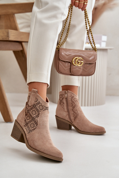 Perforated Cowboy Ankle Boots With Zipper Eco Suede Beige S.Barski HY42-944