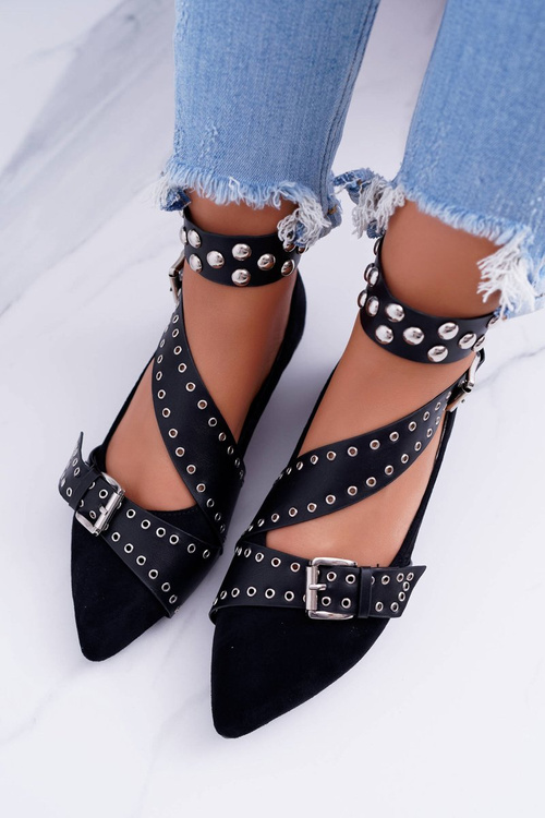 Lu Boo | Black Strappy Ballerinas Rivets Pointed Esteria
