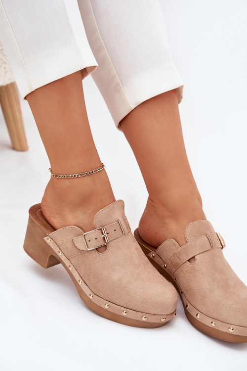 Damskie Chodaki Klapki Na Obcasie Eko Zamsz Pasek Z Klamrą Beżowe Veldexina