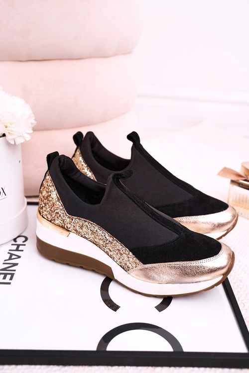 Women’s Leather Wedge Sneakers Black Gold Frances