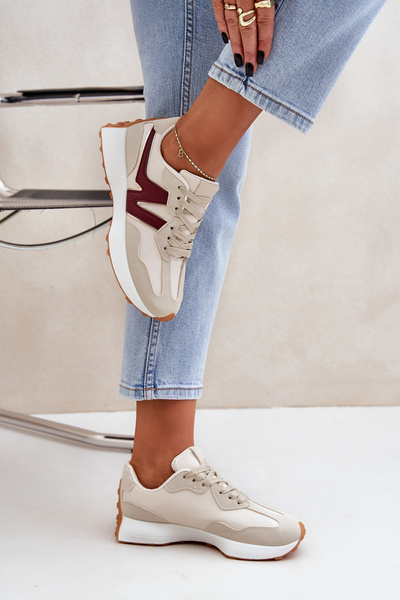 Sneakersy Buty Sportowe Damskie Beżowo-Bordowe Britma
