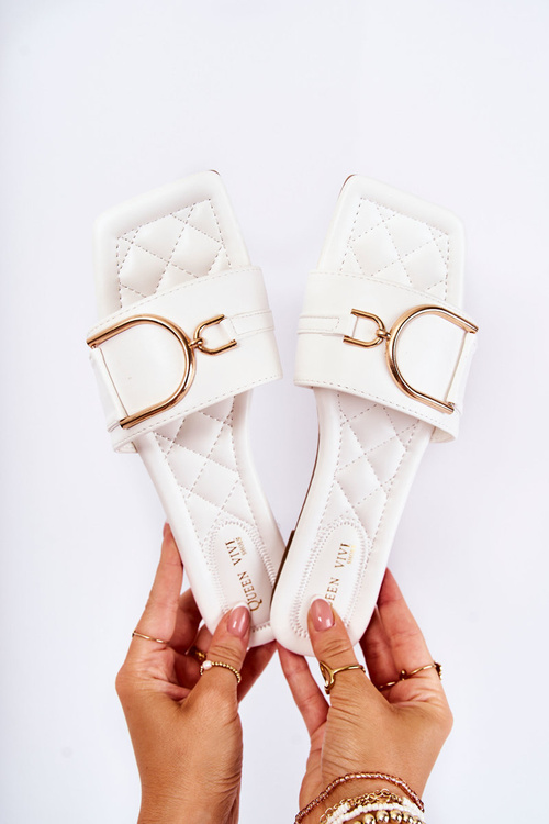 Women's Classic Leather Slippers With Decoration White Shilla