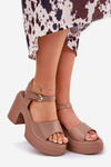 Women's sandals on a chunky heel and platform made of eco leather dark beige Korlevia