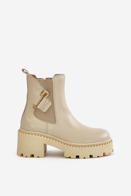 Zazoo 60490 Leather Insulated Ankle Boots With Decoration Light Beige