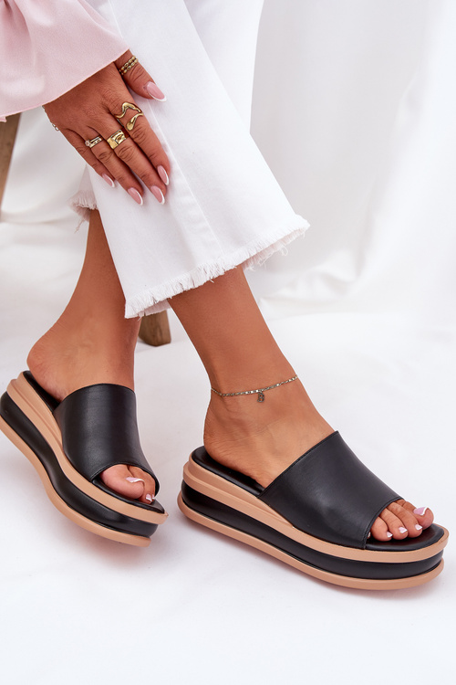 Classic Ladies Slippers On Platform And Wedge Black Florenis