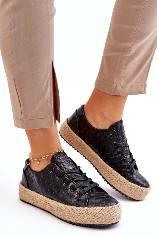 Espadryle Skórzane Pleciona Platforma Czarne Big Star JJ274396