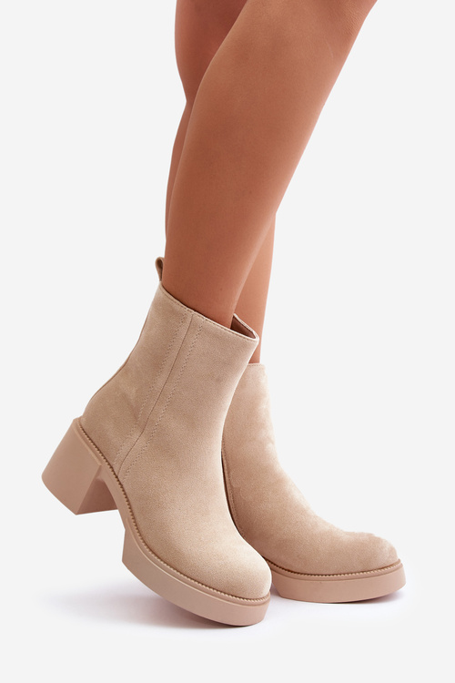 Botki Damskie Słupek Eko Zamsz Ocieplane Jasnobeżowe Meriluna