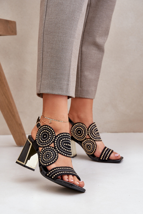 Zdobione Sandały Damskie Na Słupkowym Obcasie Czarne Delariona