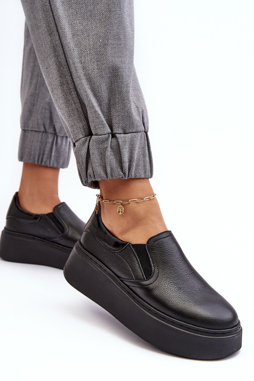 Buty Sportowe Damskie Skóra Platforma Czarne Lemar Manish 10151