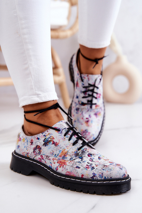 Women's Leather Brogues Oxfords Maciejka 4087A-38 White With Flowers