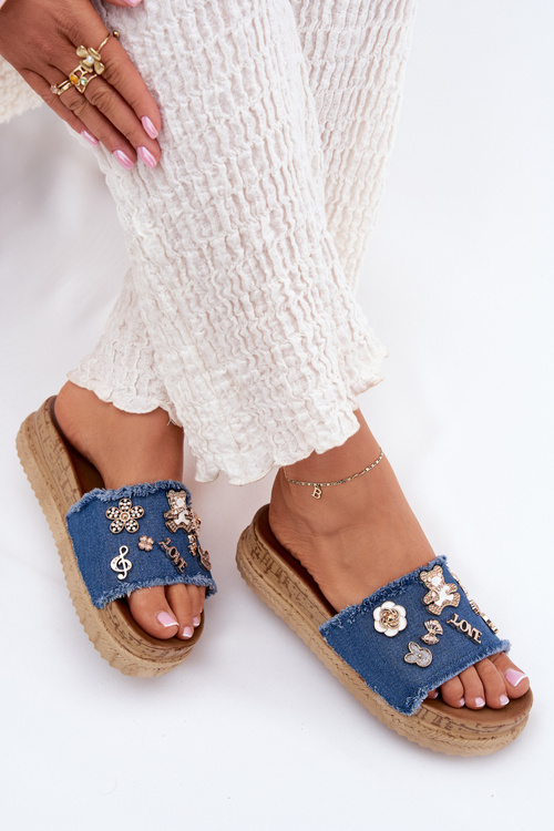 Ladies Slippers With Golden Accents On Platform Navy Rigasta
