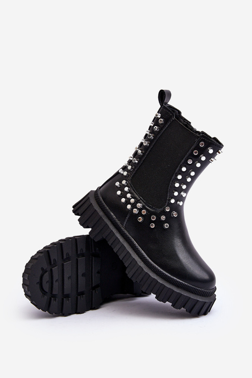 Girls' Heeled Ankle Boots Decorated with Rhinestones Black Adelie