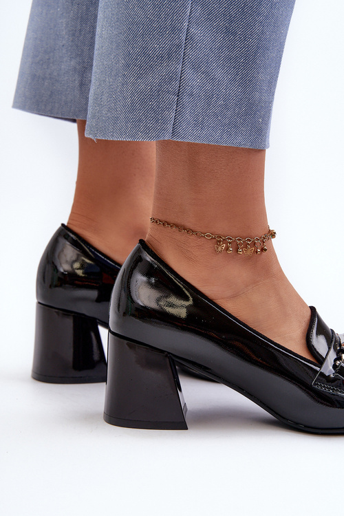 Black Patent Low Heel Court Shoes with Decoration Makki