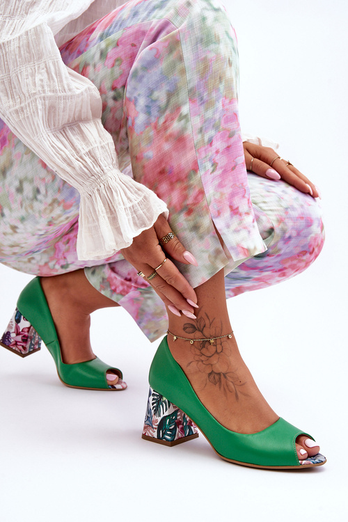 Skórzane Czółenka Z Ozdobnym Obcasem Lewski Shoes 2608/K Zielone