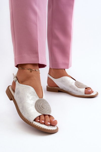 Women's sandals with decoration on flat heel S.Barski KV24-057 Silver