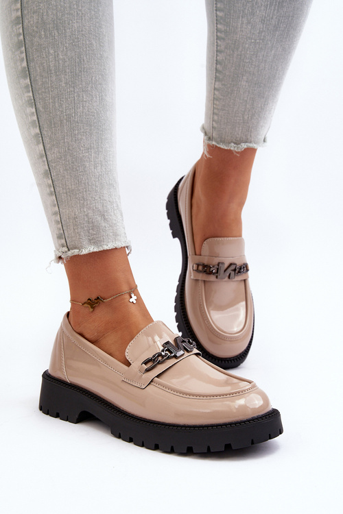 Women's Patent Leather Loafers with Flat Heel Beige Ezoma