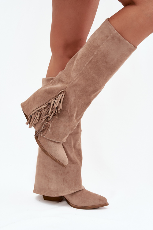 Ladies Slip-On Cowboy Boots With Heel And Fringes Beige Zalia