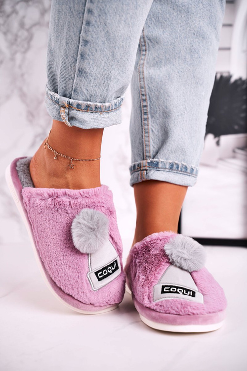 Women's Furry Slippers With A Hat And Pompom Violet Keep Warm