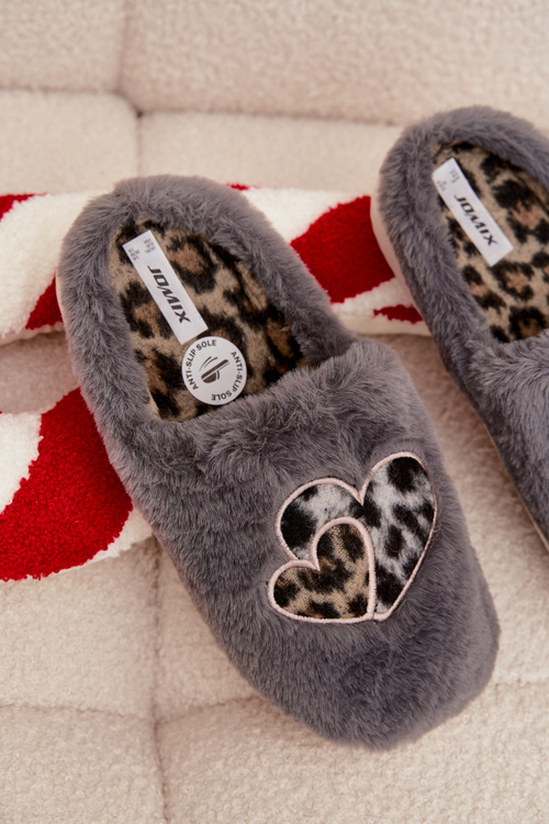 Furry slippers with hearts gray Amandra