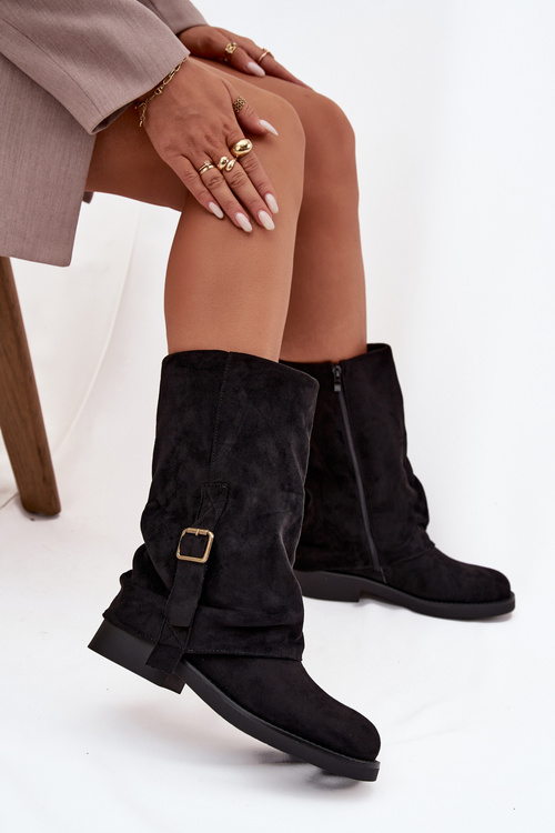 Women's Boots with Turned Cuff to Mid-Calf with Buckle Black Minelle