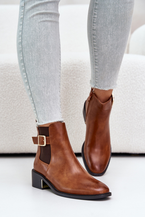 Women's ankle boots on a low heel with a golden buckleCamel Vomera