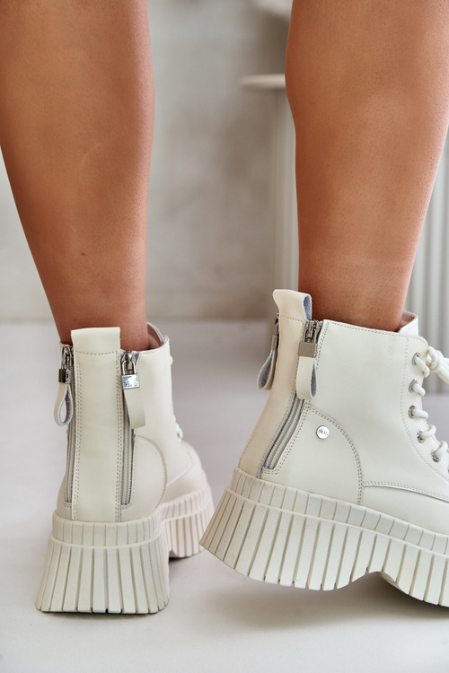 Botki Trapery Skóra Naturalna Ocieplane Masywna Podeszwa Jasnobeżowe GOE OO2N4127