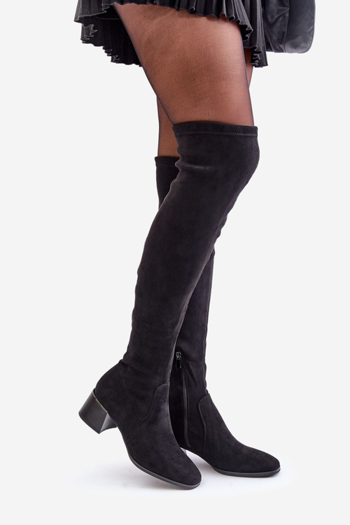 Heeled Knee High Block Boots Made Of Eco Suede Black Galadi