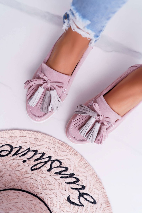 Women's Leather Suede Moccasins With Tassels Pink Batist