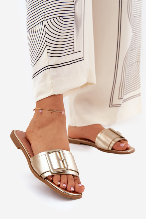 Eko Skórzane Klapki Damskie Płaskie Z Klamrą Złote Bamma