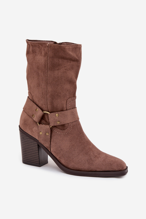 Women's Insulated Ankle Boots on Heels with Straps and Decorative Detail Brown Neria