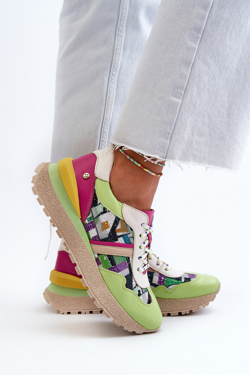Sneakersy Skóra Naturalna Platforma Damskie Zielono-Różowe Maciejka 06322-09