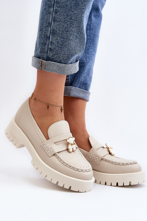 Półbuty Mokasyny Skórzane Damskie Z Misiem Jasnobeżowe CheBello 4291