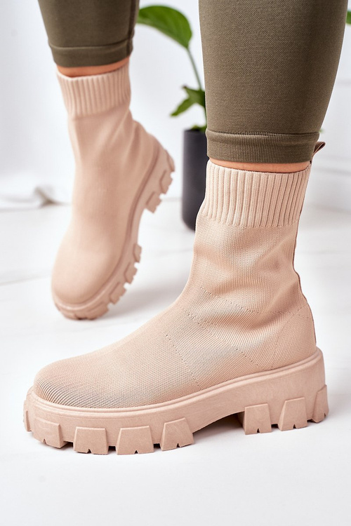 Elastic Fabric Boots On The Platform Beige Inspiration