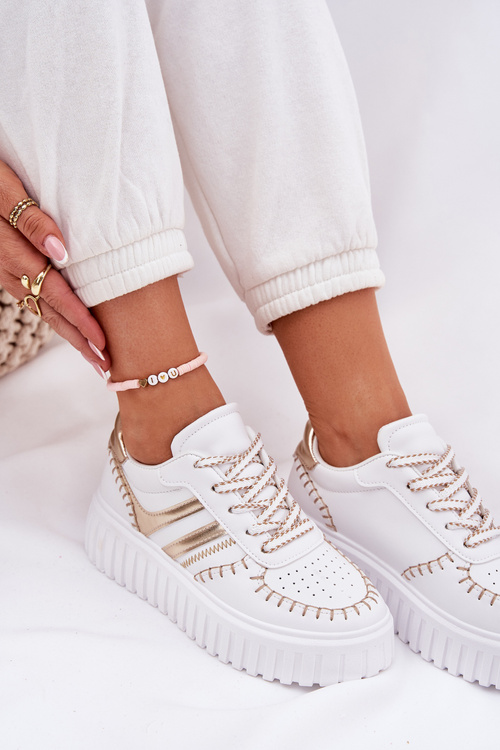 Eko Skórzane Sneakersy Na Platformie Złote Ofenale