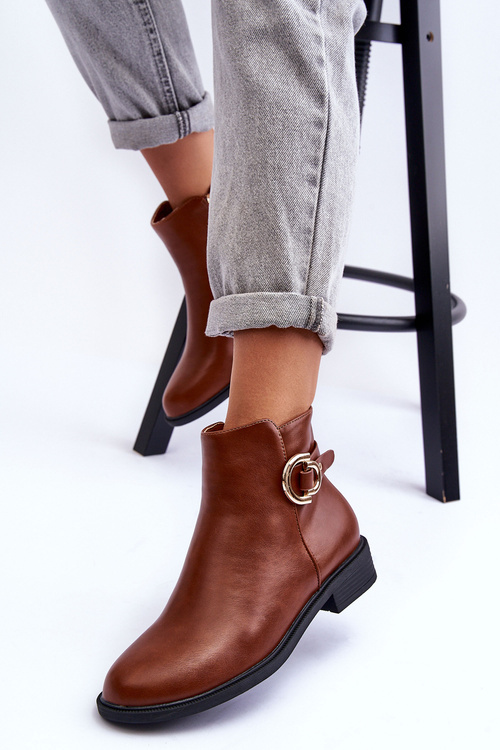 Leather Flat Heel Boots Brown Meronei