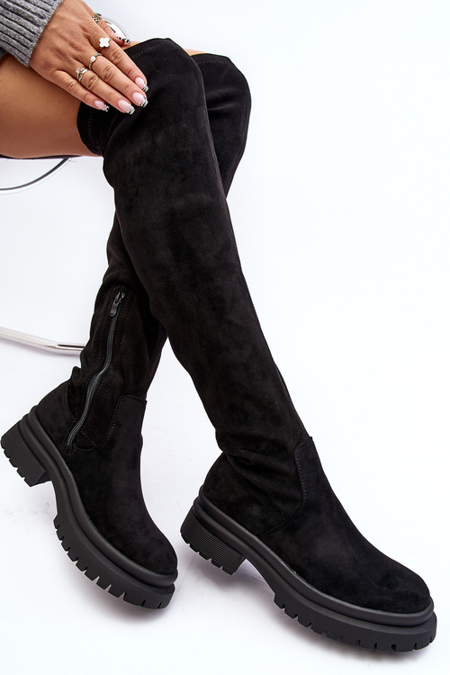 Women's Flat Heel Over-the-Knee Boots Black Silune