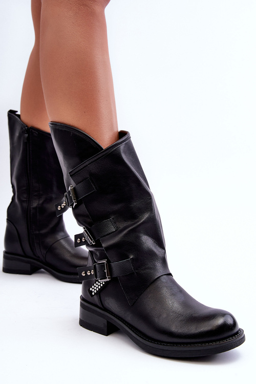 Women's Leather Ankle Boots On Flat Heel Black Nyreo