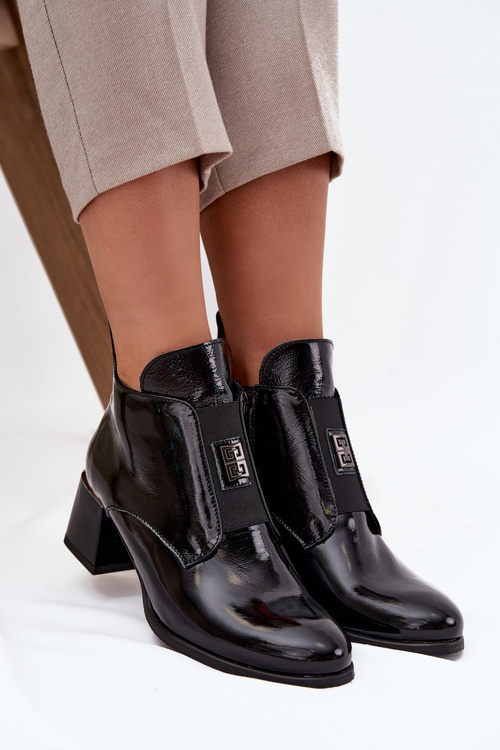 Leather Lacquered Block Heel Boots with Decorative Detail Insulated Zazoo 60560 Black