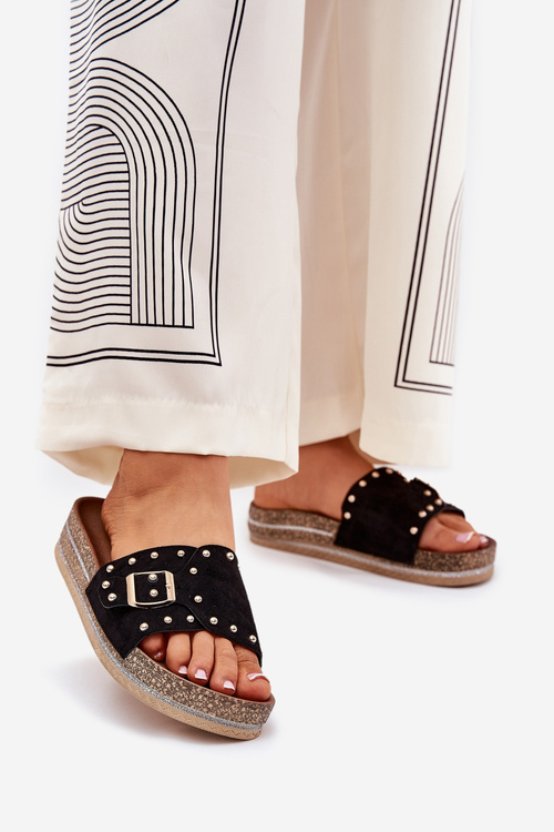 Women's Platform Sandals With Buckle And Studs Black Nusithia