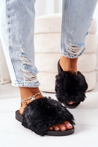Rubber Slippers With Fur Black Soft