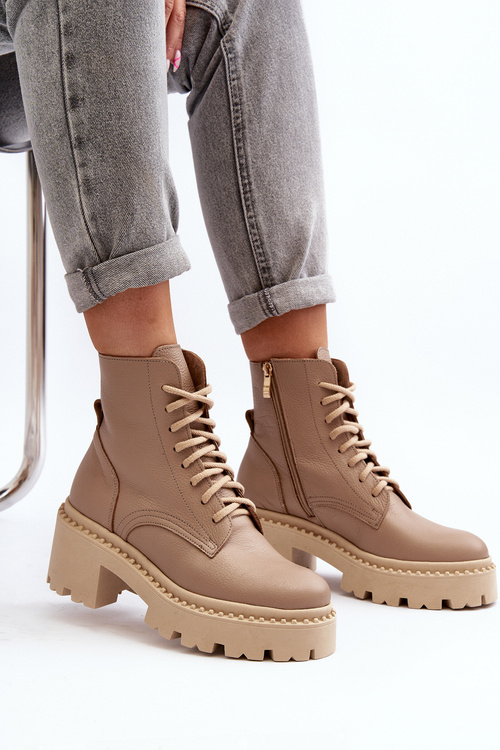 Workery Botki Skóra Naturalna Masywny Obcas Beżowe Zazoo 3413