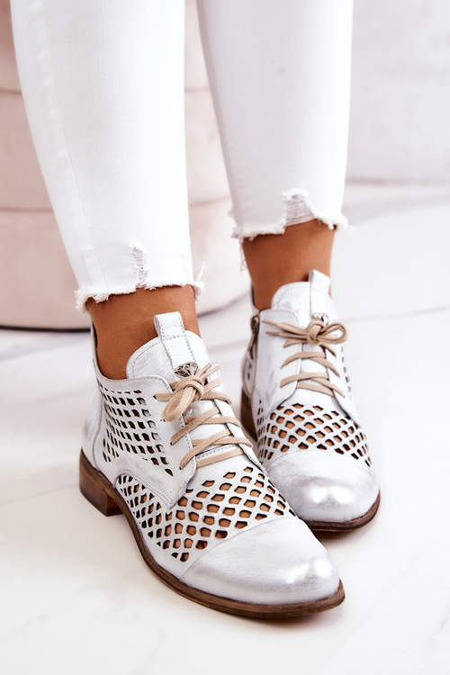 Botki Trzewiki Skórzane Ażurowe Biało-Srebrne Zazoo 2704