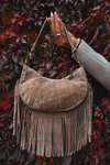 Leather Suede Bag with Fringes Dark Beige Aurelisse