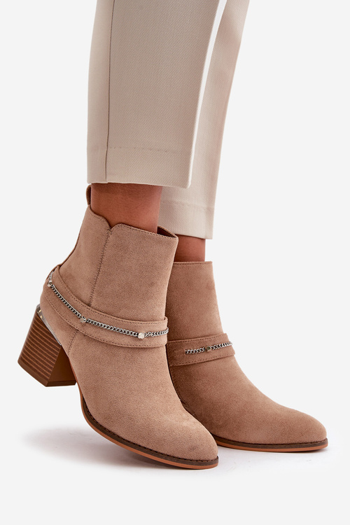 Damskie Botki Ocieplane Z Łańcuszkiem Obcas Słupek Eko Zamsz Beżowe Hanalen