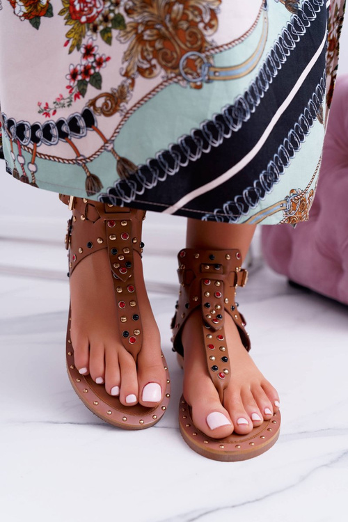 Lu Boo Camel Rhinestone Flip Flops Sandals