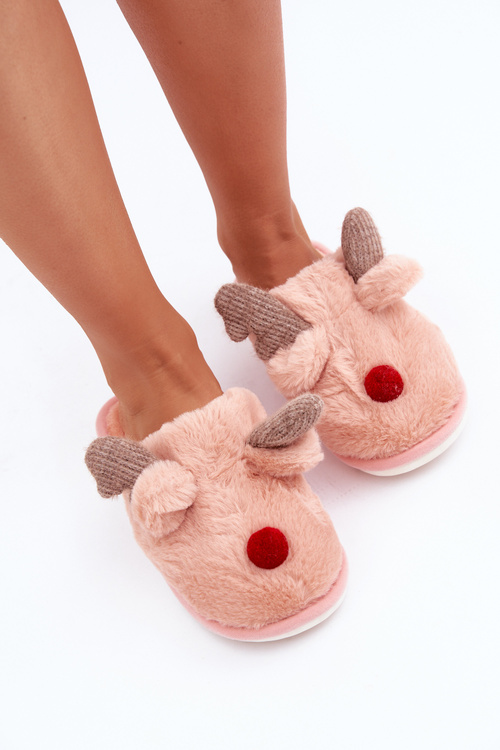 Women Fur Slippers With Reindeer Motif Pink Sennalith