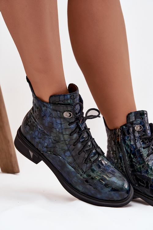 Patent leather women's ankle boots made of genuine leather D&A LZ52-962 navy blue