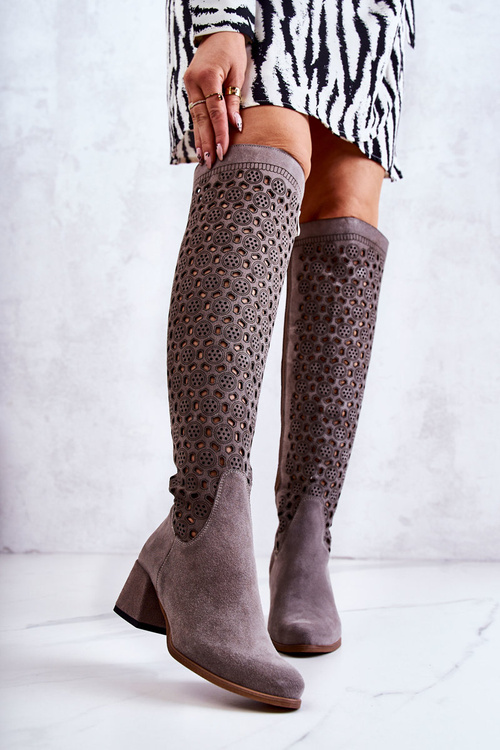 Kozaki Zamsz Ażurowy Wzór Szare Hekilea