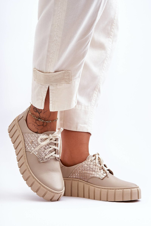 Półbuty Skórzane Masywna Platforma Beżowe Lemar Hypnosis 10128