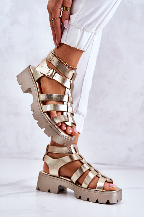 Sandały Modne Skóra Paseczki Złote Minorite